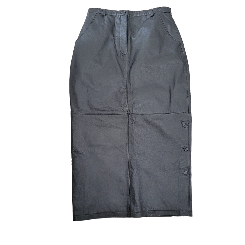 Dark brown leather maxi pencil skirt with side buttons size 11